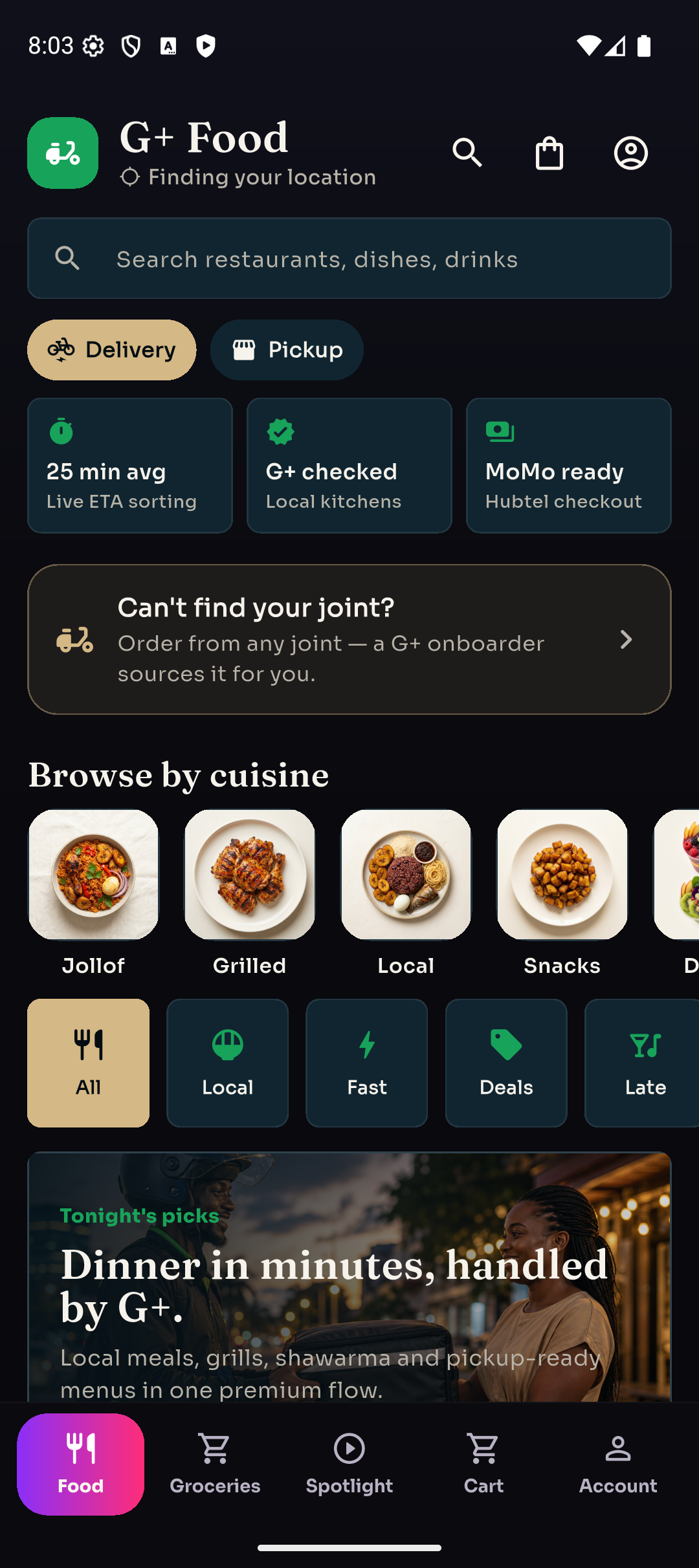 Real food delivery screen inside G+ Market