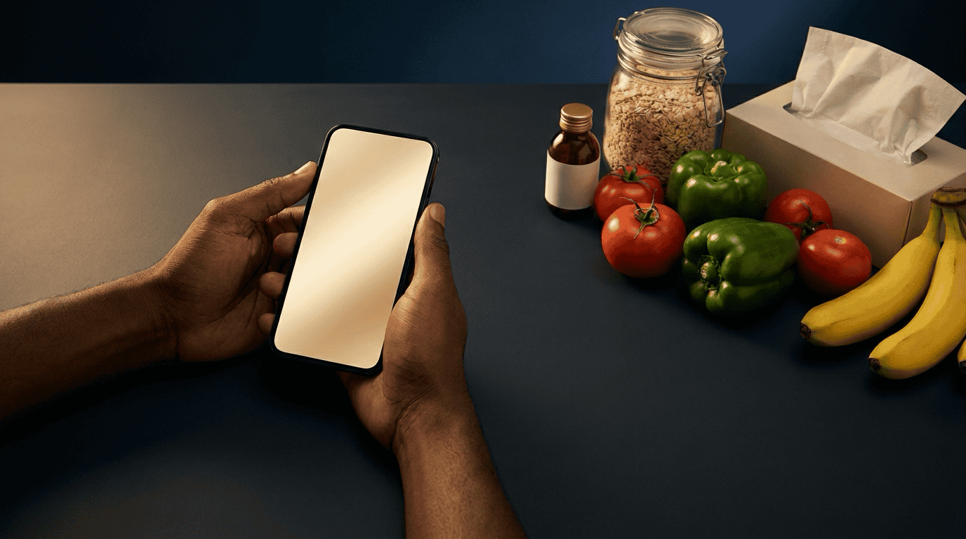 A phone with a shopping list beside neatly arranged items