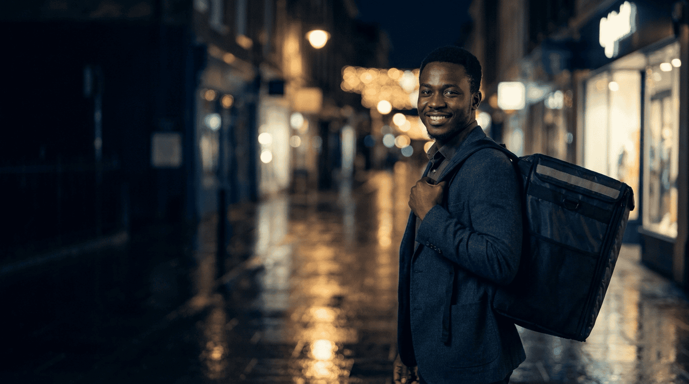 A G+ onboarder on a night street in Accra